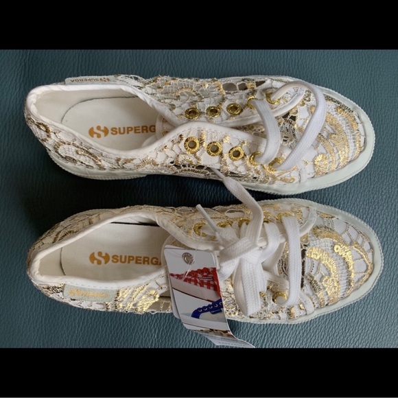 Superga Shoes - Superga White and Gold Lace-Up Sneakers
